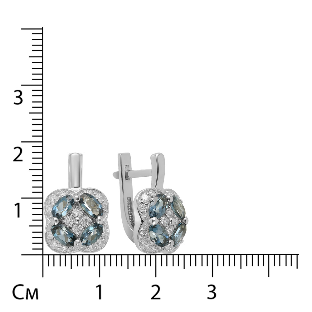 Серебряные серьги 925 пробы; вставки 8 Топаз Лондон; 32 Фианит бесцв.;