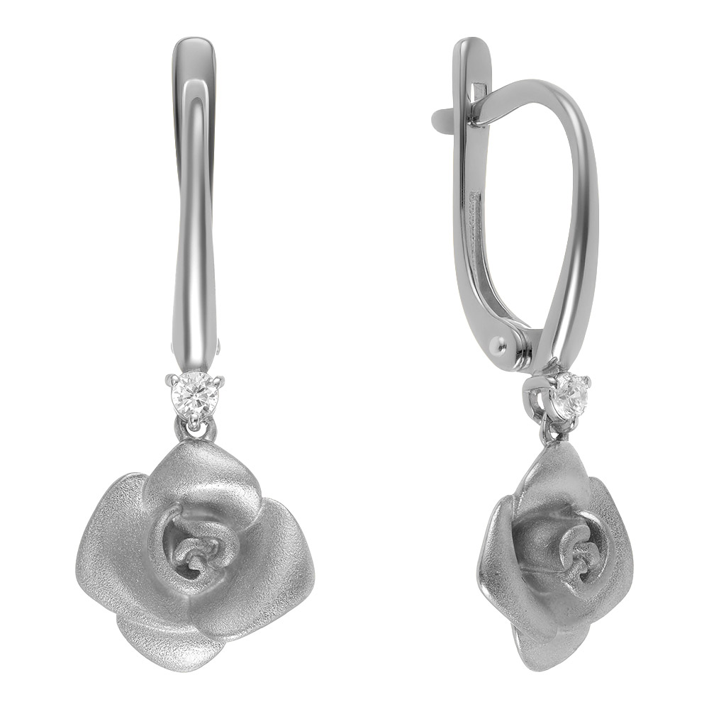Серебряные серьги 925 пробы; матирование; вставки 2 Фианит бесцв.;