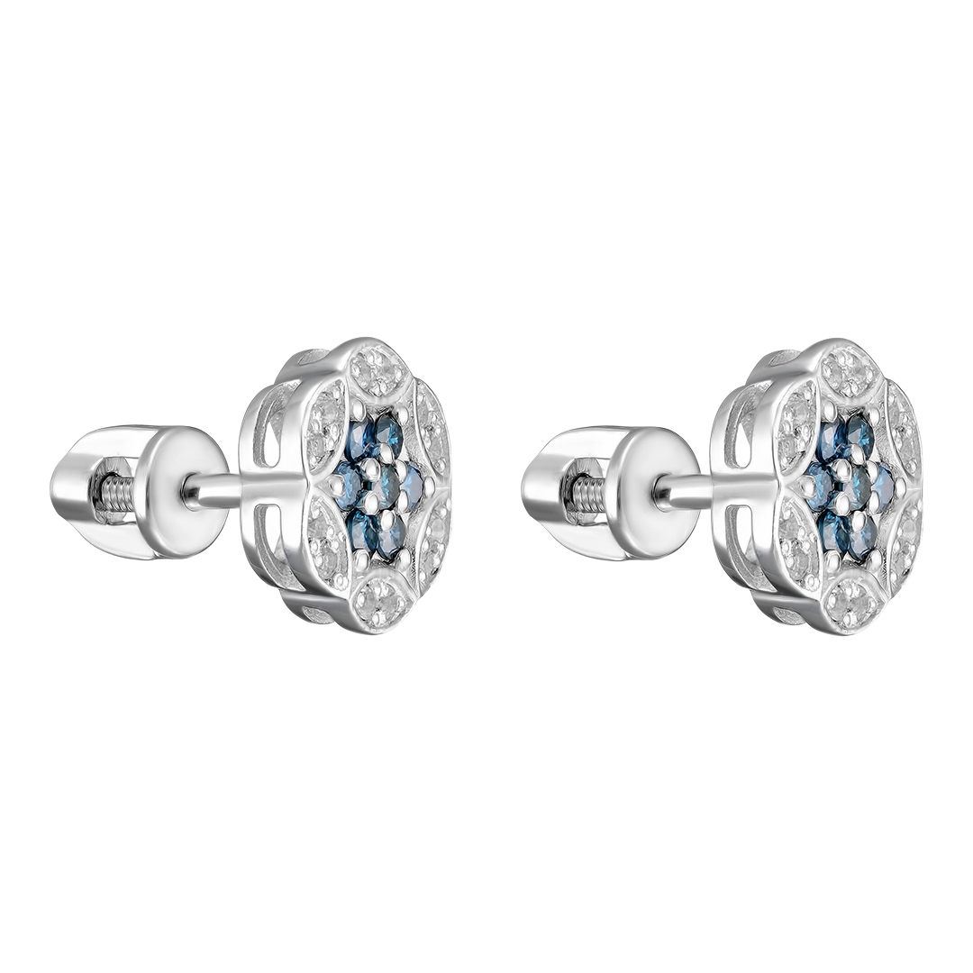 Серебряные серьги-пусеты 925 пробы; вставки 14 Бр.Кр-57 гол. (Н) 0,215 5/5А; 24 Топаз бесцв.;