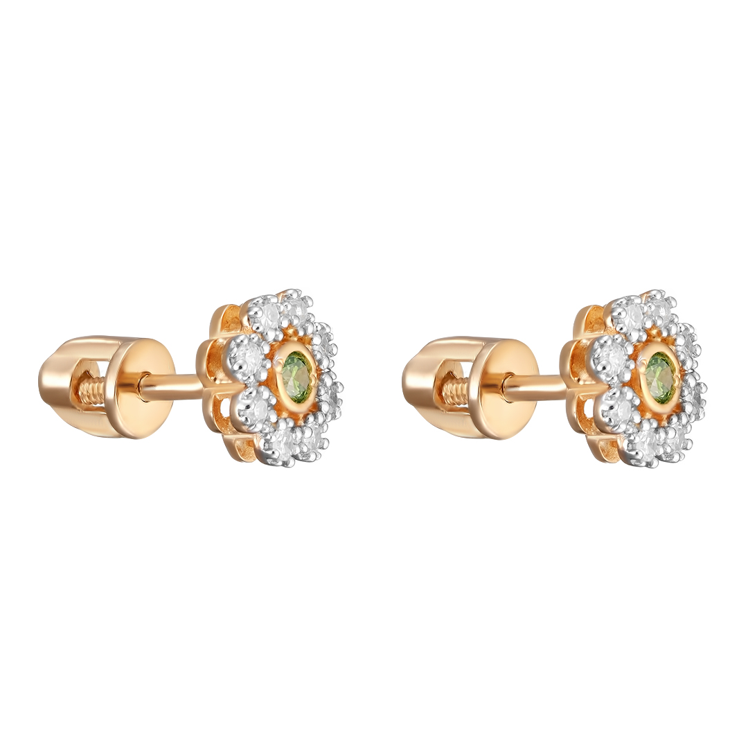Серебряные серьги-пусеты 925 пробы; вставки 16 Бр.Кр-17 0,141 2/2А; 2 Бр.зел.Кр-57(Н) 0,066 5/5А;
