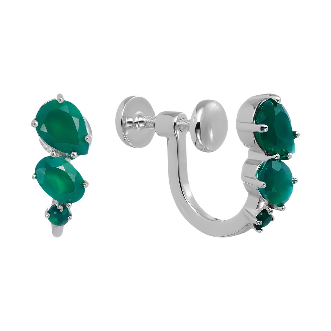 Серебряные серьги-клипсы 925 пробы; вставки 6 Агат зеленый;