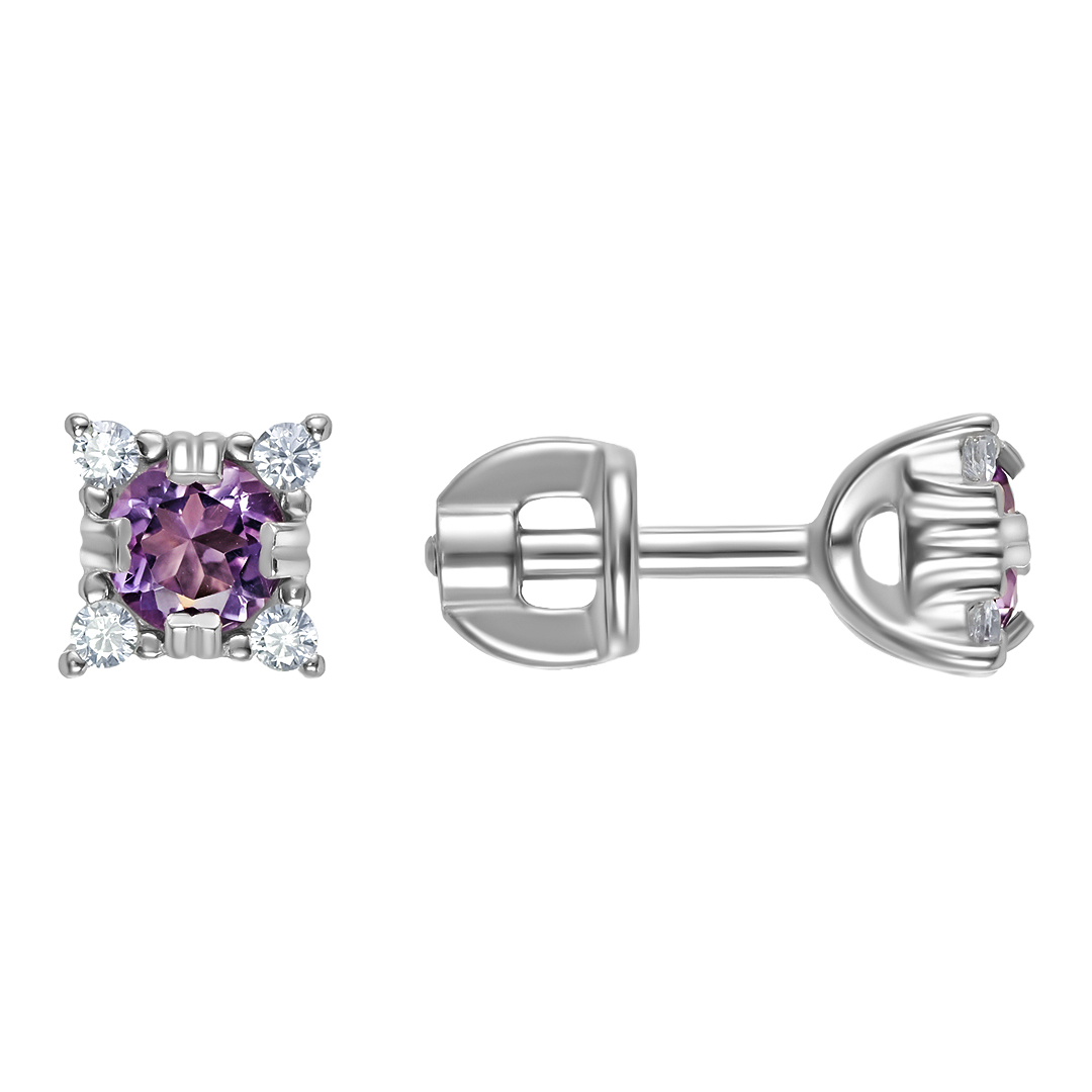 Серебряные серьги-пусеты 925 пробы; вставки 2 Аметист; 8 Фианит бесцв.;