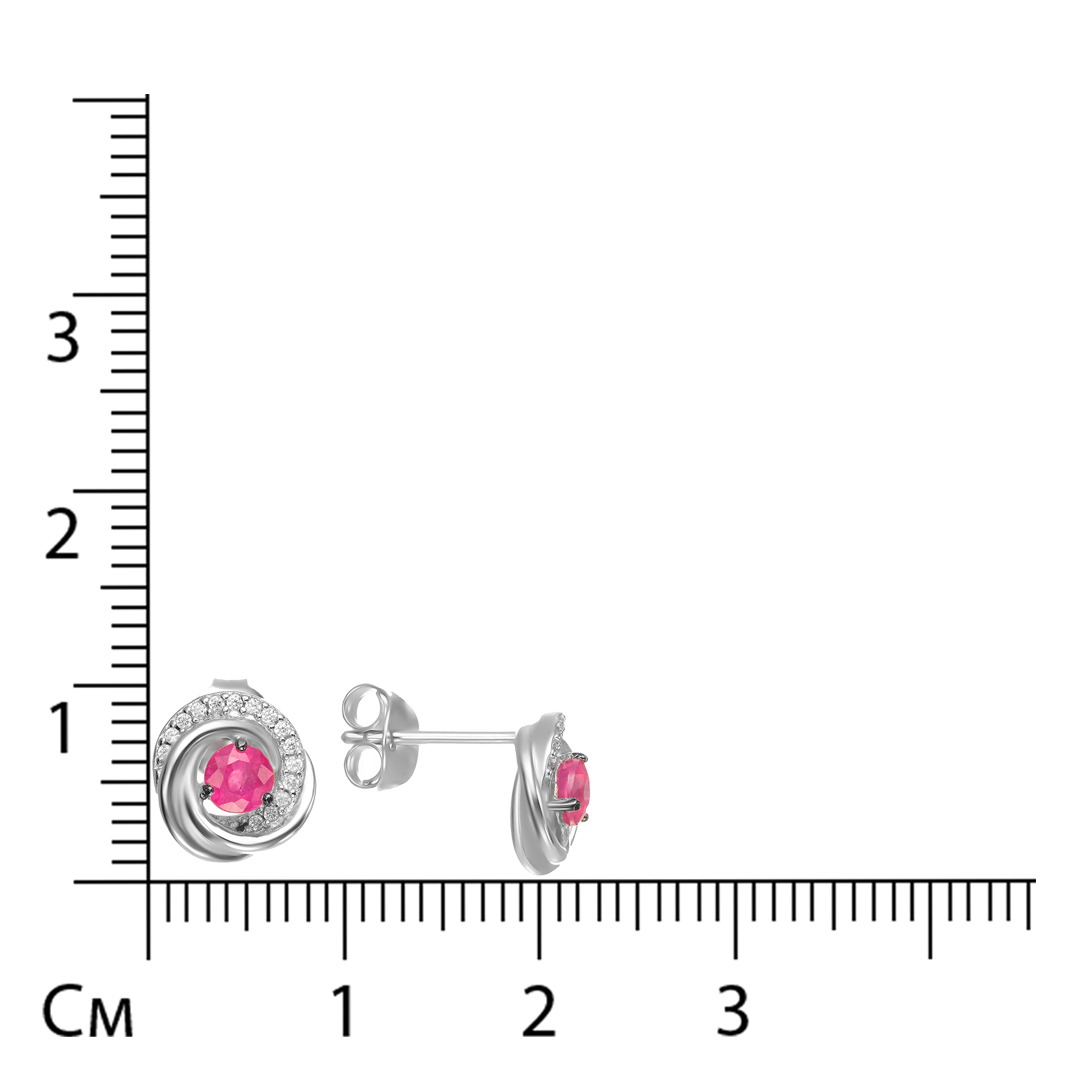 Серебряные серьги-пусеты 925 пробы; родий (бел., черн.); вставки 2 Рубин U 5/6 0,82; 30 Фианит бесцв