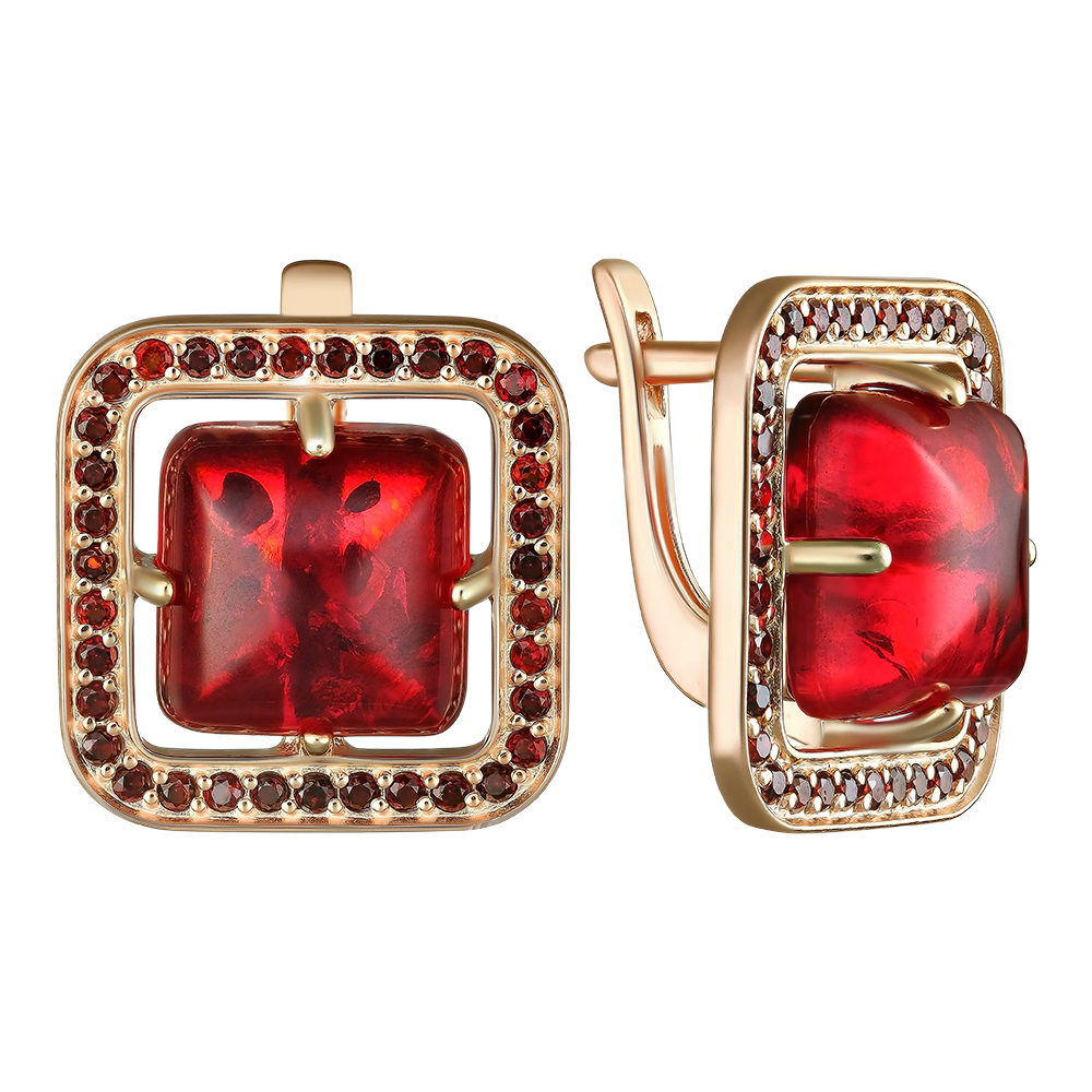 Серебряные серьги 925 пробы; вставки 70 Гранат; 2 Янтарь;