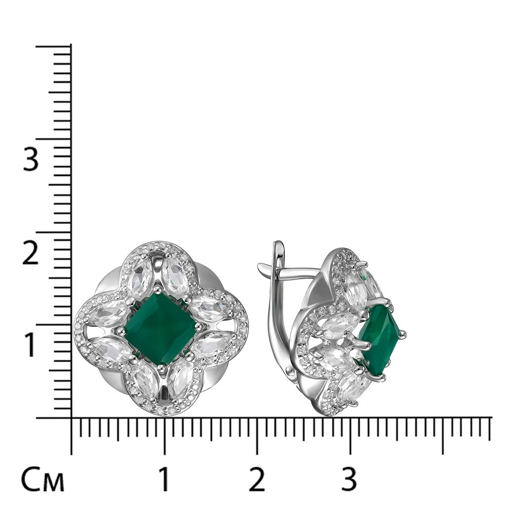 Серебряные серьги 925 пробы; вставки 88 Фианит бесцв.; 2 Агат зеленый; 16 Горный хрусталь;