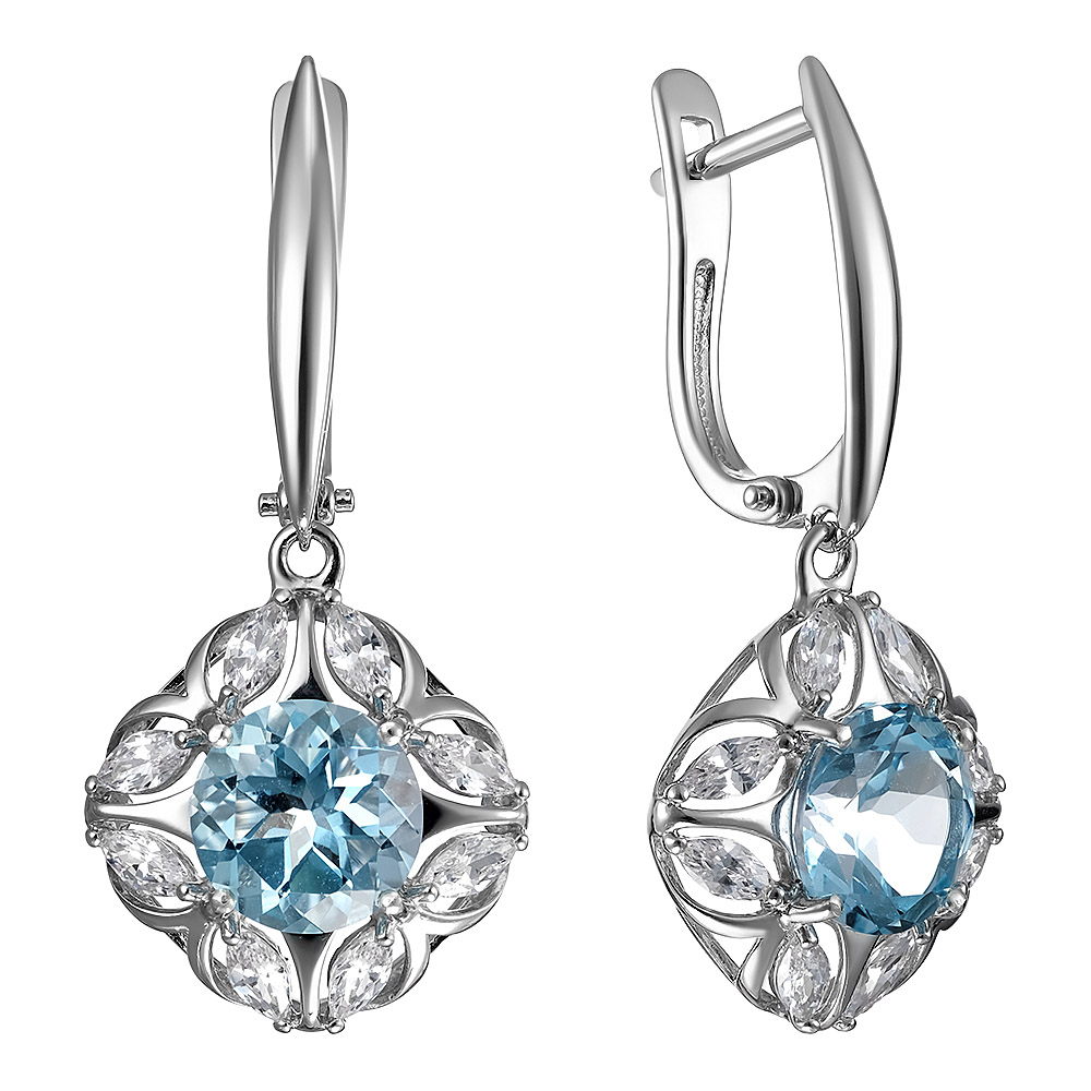 Серебряные серьги 925 пробы; вставки 2 Топаз Sky; 16 Фианит бесцв.;