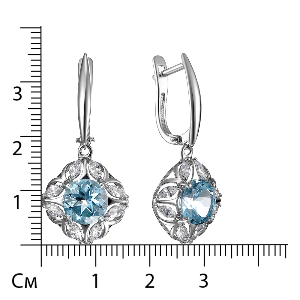 Серебряные серьги 925 пробы; вставки 2 Топаз Sky; 16 Фианит бесцв.;