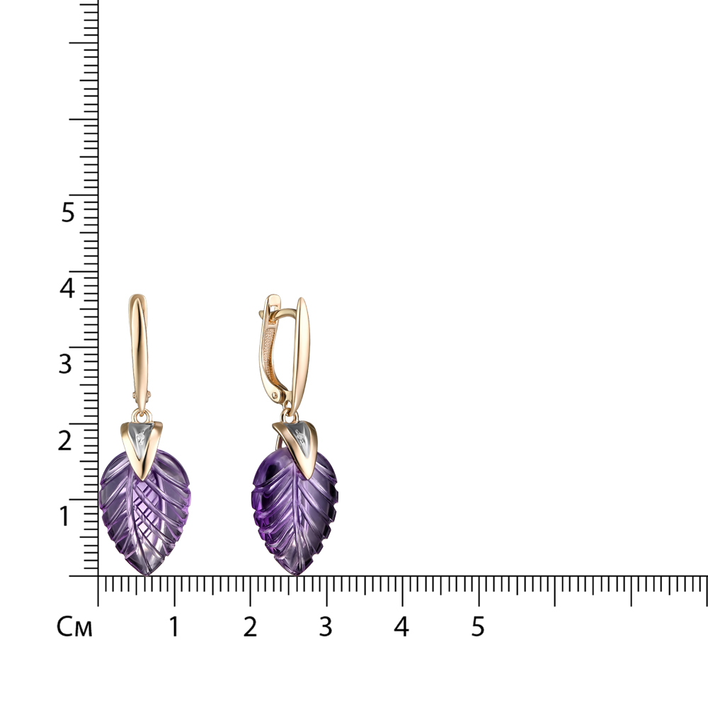 Золотые серьги 585 пробы; родий; вставки 2 Бр.Кр-57 3/6А 0,009; 2 Аметист;
