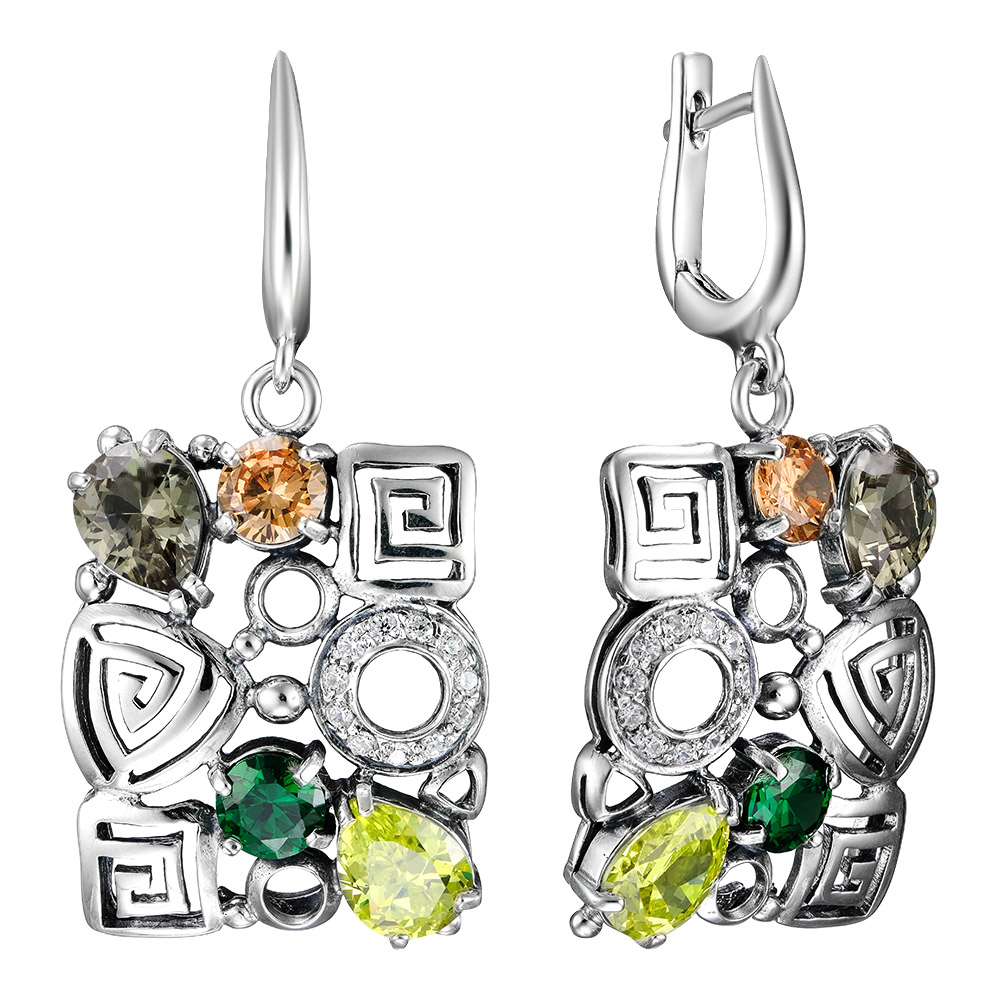 Серебряные серьги 925 пробы; оксидирование; вставки 30 Фианит цв.;