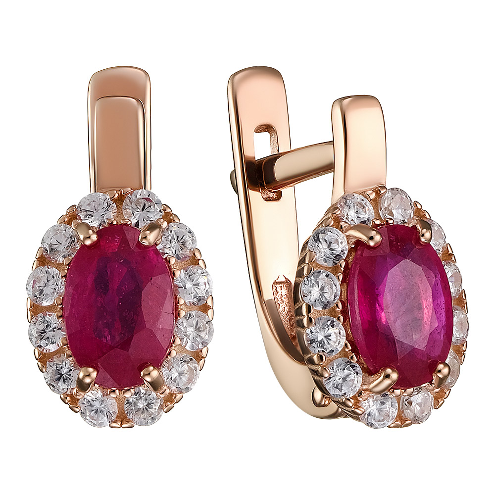 Серебряные серьги 925 пробы; вставки 2 Рубин F/2 1,311; 24 Фианит бесцв.;