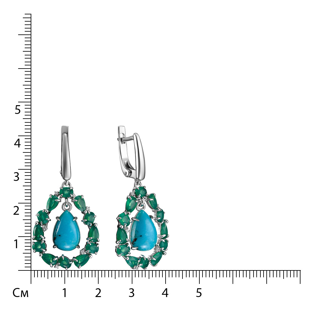 Серебряные серьги 925 пробы; вставки 2 Бирюза нат.; 24 Агат зеленый; 10 Фианит бесцв.;