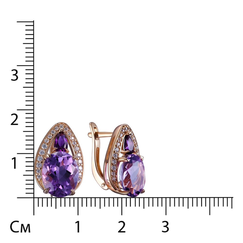 Серебряные серьги 925 пробы; вставки 2 Аметист; 2 Ситалл имит. аметист; 42 Фианит бесцв.;