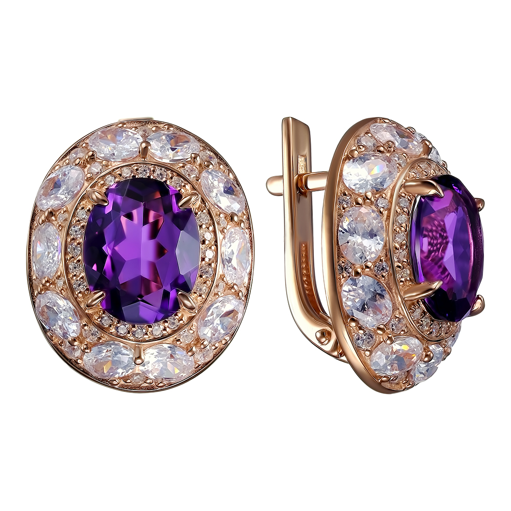 Серебряные серьги 925 пробы; вставки 2 Аметист; 96 Фианит бесцв.;