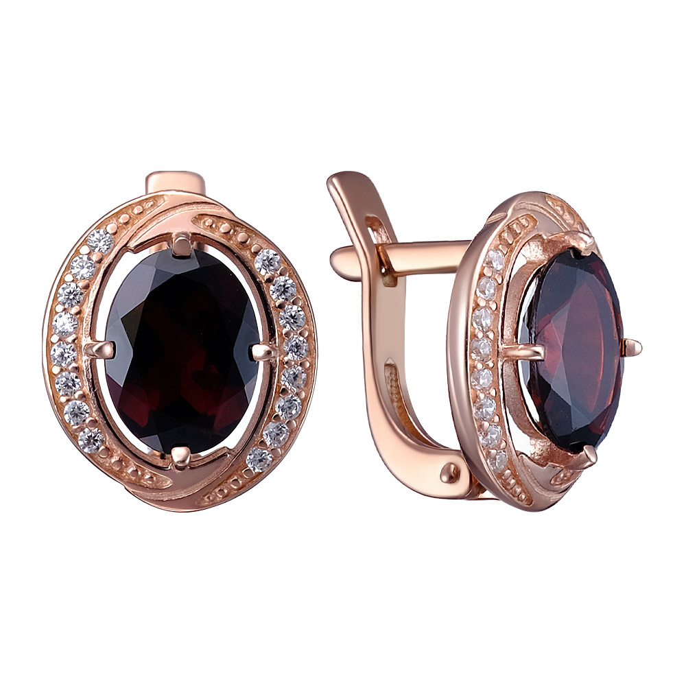 Серебряные серьги 925 пробы; вставки 2 Гранат; 32 Фианит бесцв.;