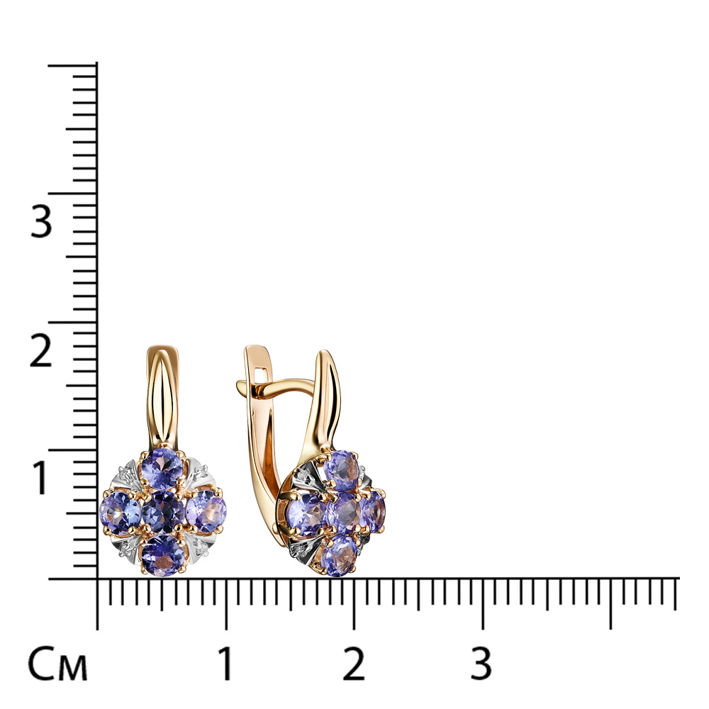 Золотые серьги 585 пробы; родий; вставки 8 Бр.Кр-17 0,024 2/3А; 10 Танзанит;