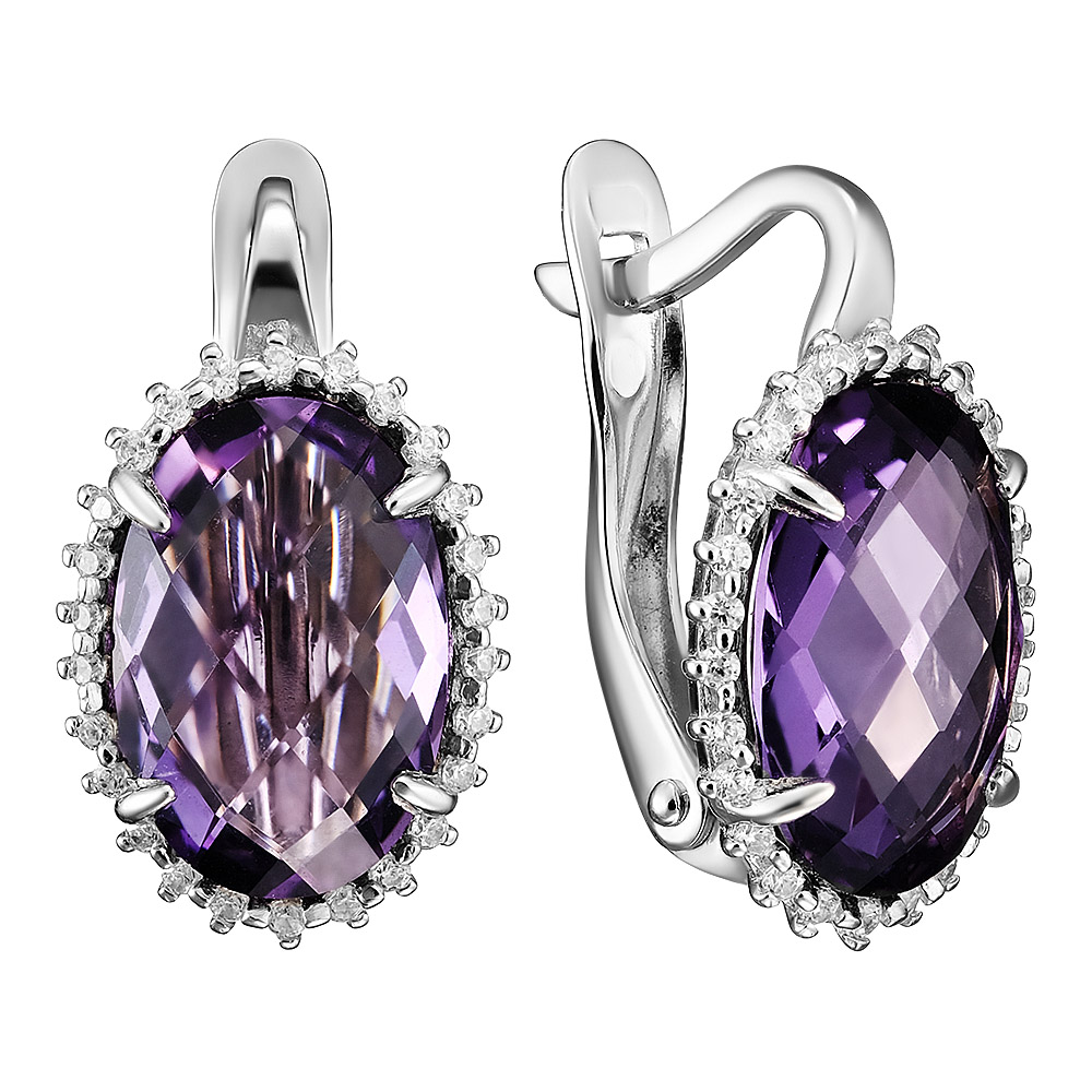Серебряные серьги 925 пробы; вставки 2 Аметист; 52 Фианит бесцв.;