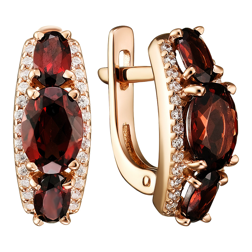 Серебряные серьги 925 пробы; вставки 6 Гранат; 52 Фианит бесцв.;