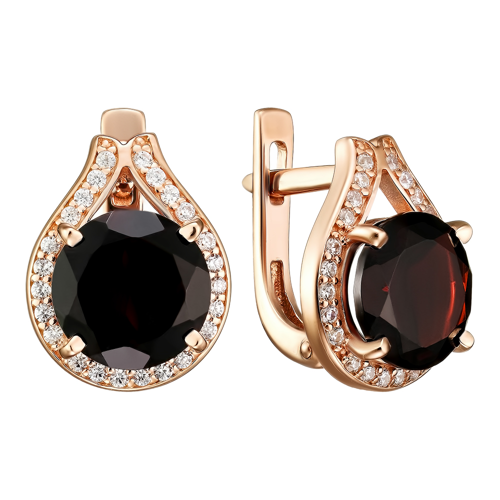 Серебряные серьги 925 пробы; вставки 2 Гранат; 48 Фианит бесцв.;
