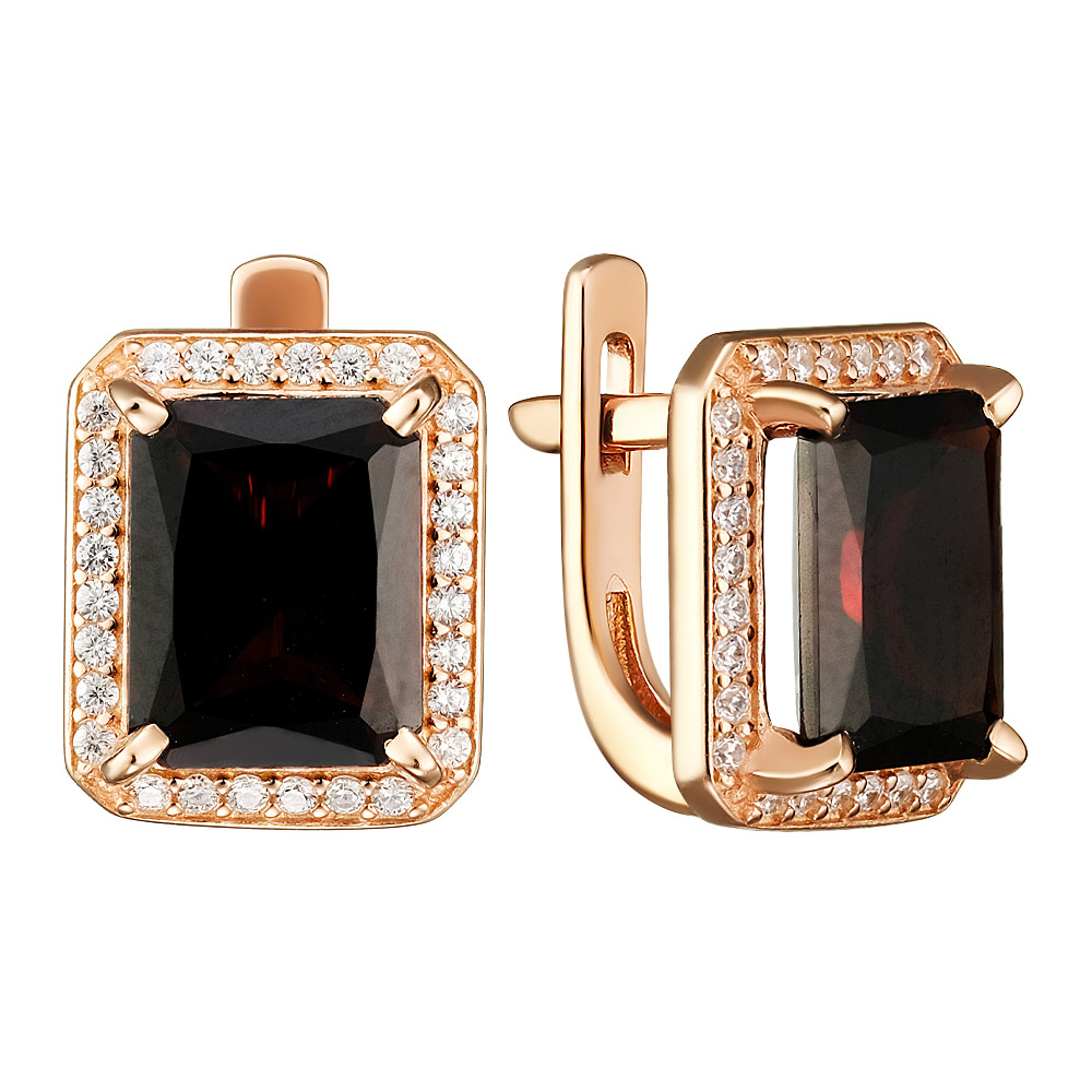 Серебряные серьги 925 пробы; вставки 2 Гранат; 56 Фианит бесцв.;