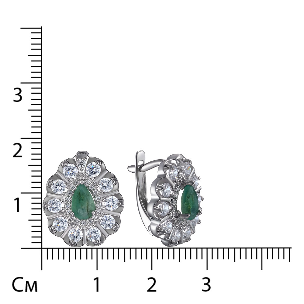 Серебряные серьги 925 пробы; вставки 2 Изумруд нат. (О) 5/Г3 0,658; 56 Фианит бесцв.;