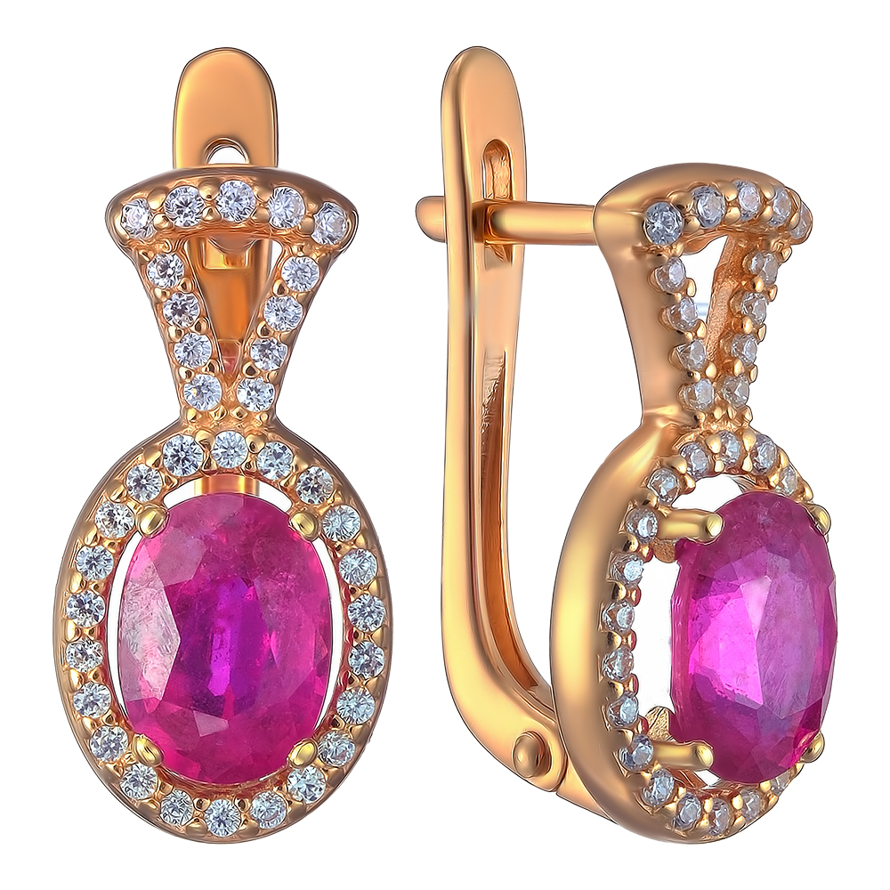 Серебряные серьги 925 пробы; вставки 2 Рубин 2/F 2,318; 70 Фианит бесцв.;