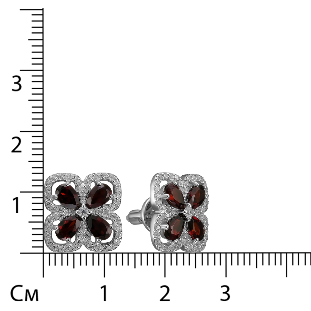 Серебряные серьги-пусеты с гранатами "Клевер"