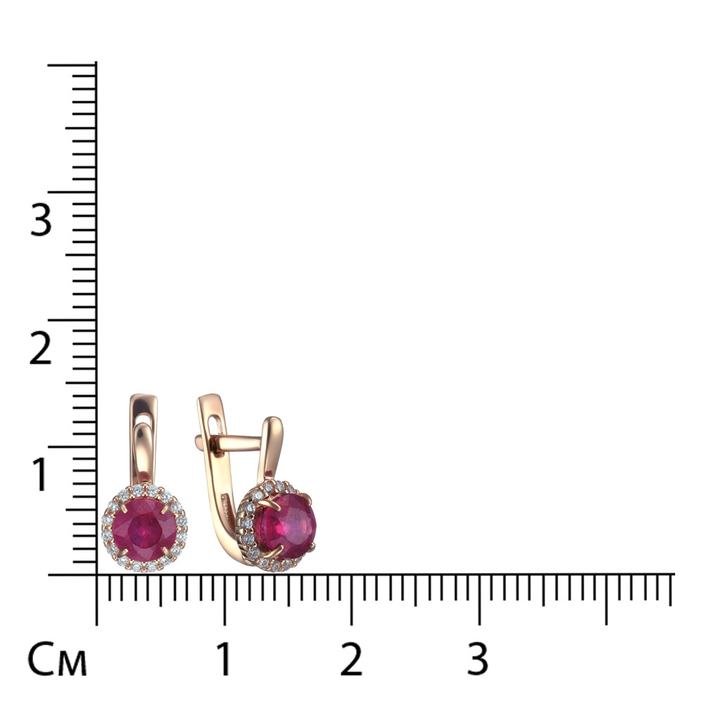 Серебряные серьги 925 пробы; вставки 2 Рубин F/2 1,505; 32 Фианит бесцв.;