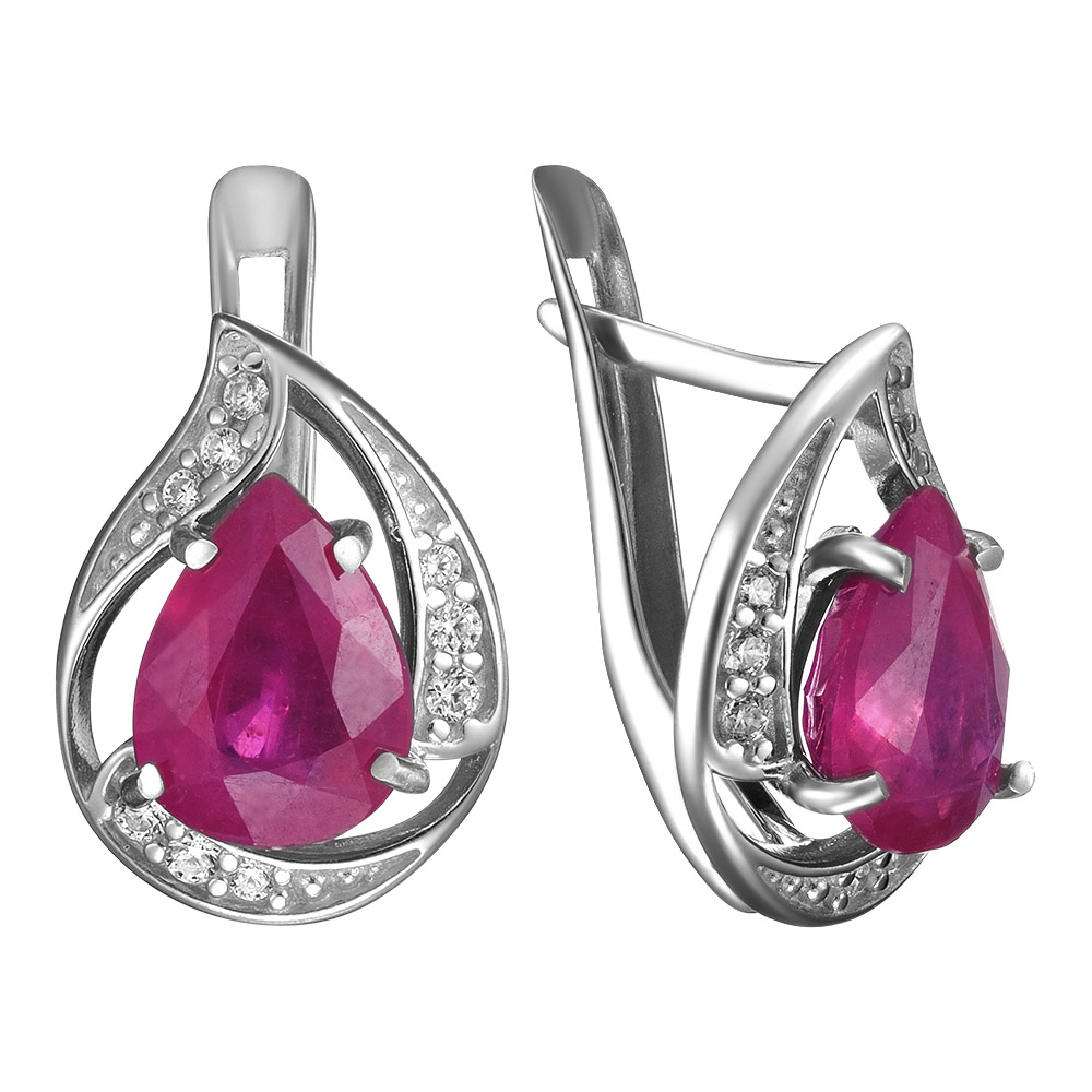 Серебряные серьги 925 пробы; вставки 2 Рубин 2,2 F/2; 18 Фианит бесцв.;
