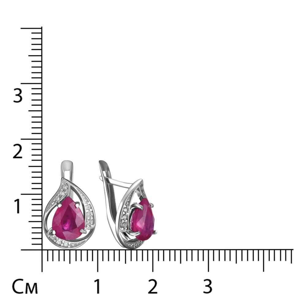 Серебряные серьги 925 пробы; вставки 2 Рубин 2,2 F/2; 18 Фианит бесцв.;