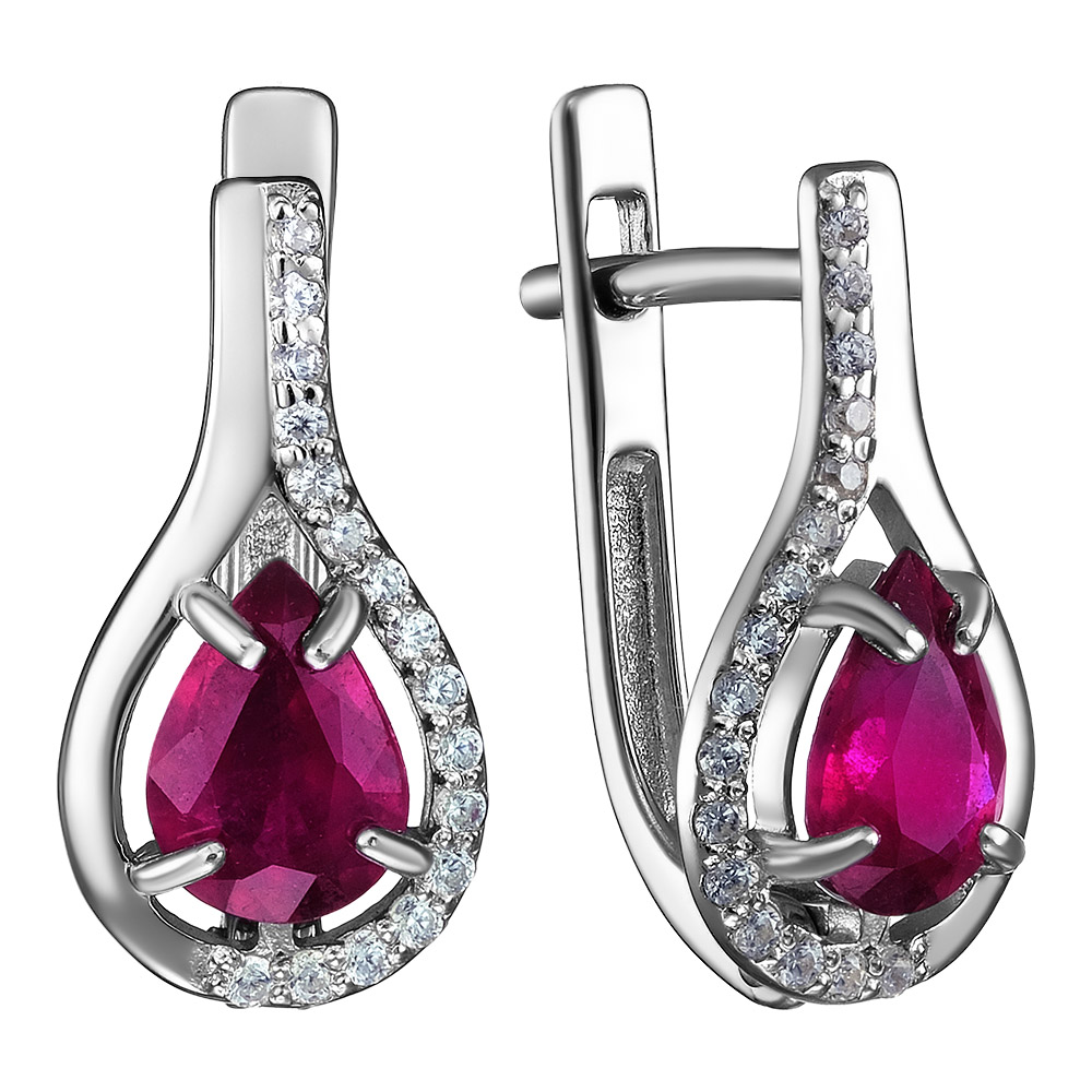 Серебряные серьги 925 пробы; вставки 2 Рубин 2/F 1,722; 32 Фианит бесцв.;