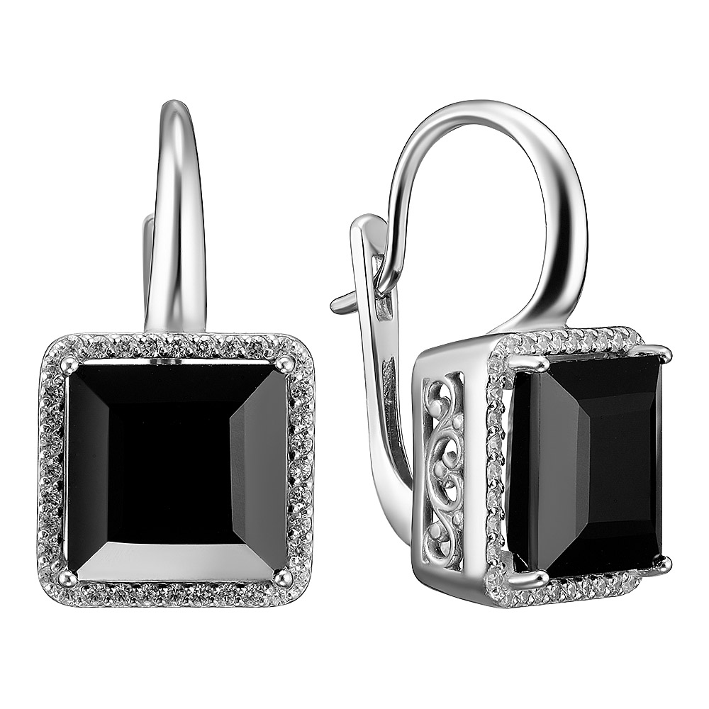 Серебряные серьги 925 пробы; вставки 2 Шпинель черн.; 72 Фианит бесцв.;