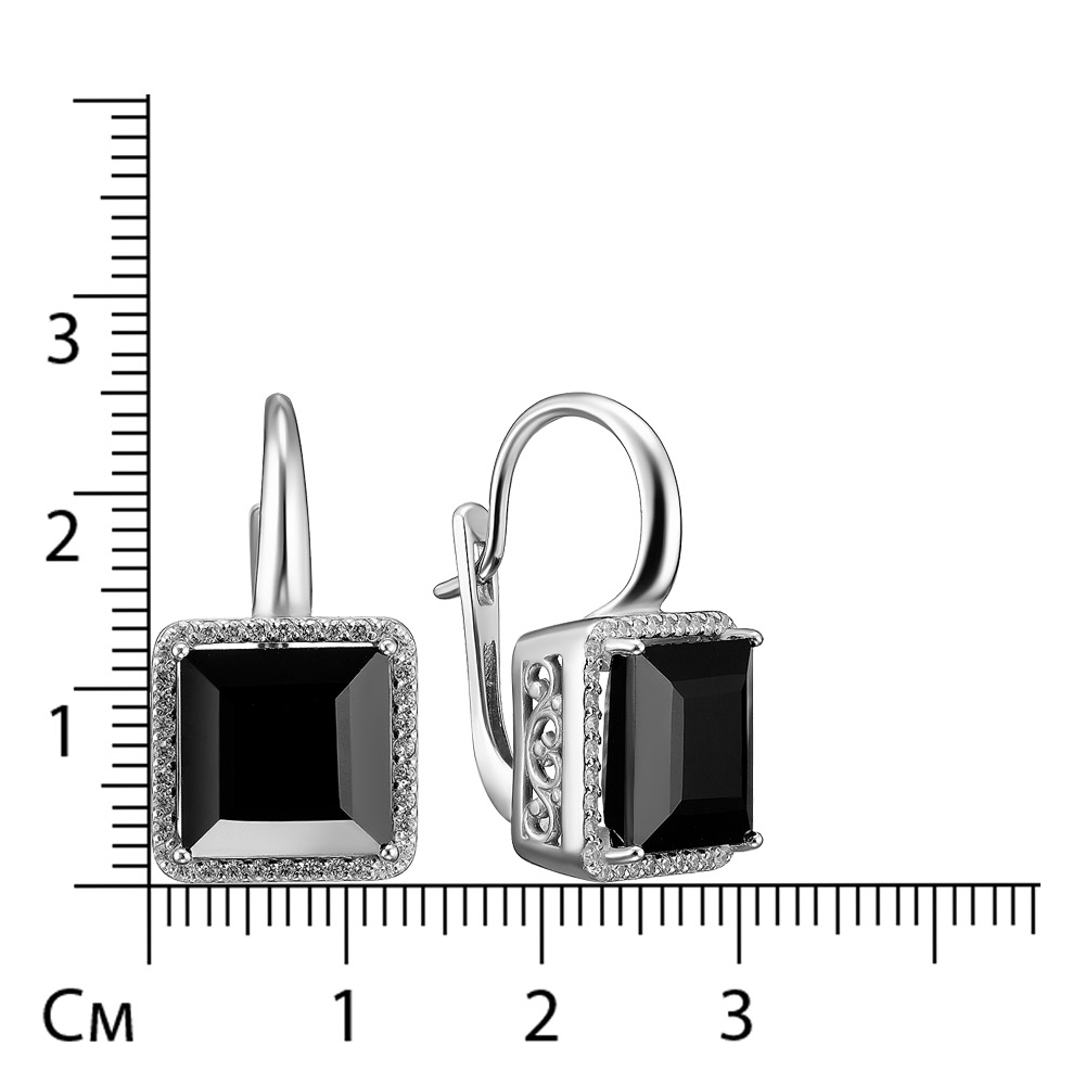 Серебряные серьги 925 пробы; вставки 2 Шпинель черн.; 72 Фианит бесцв.;