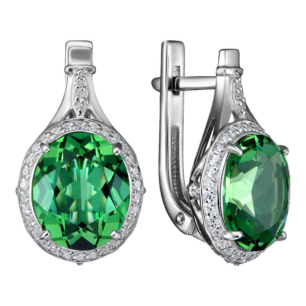 Серебряные серьги 925 пробы; вставки 2 Празиолит; 78 Фианит бесцв.;