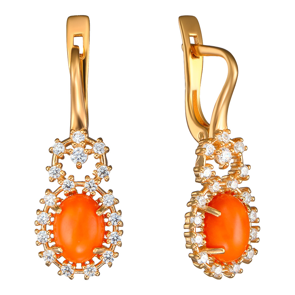 Серебряные серьги 925 пробы; вставки 2 Коралл; 36 Фианит бесцв.;