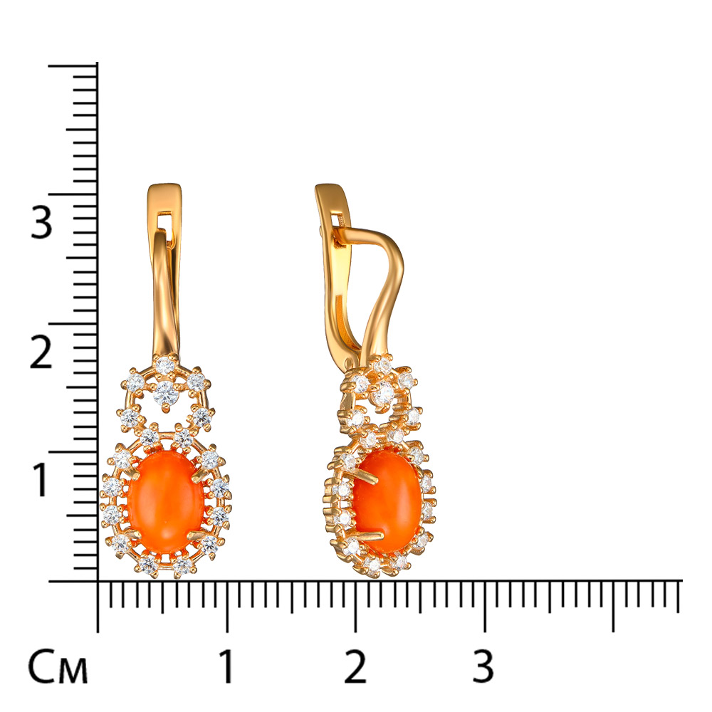 Серебряные серьги 925 пробы; вставки 2 Коралл; 36 Фианит бесцв.;