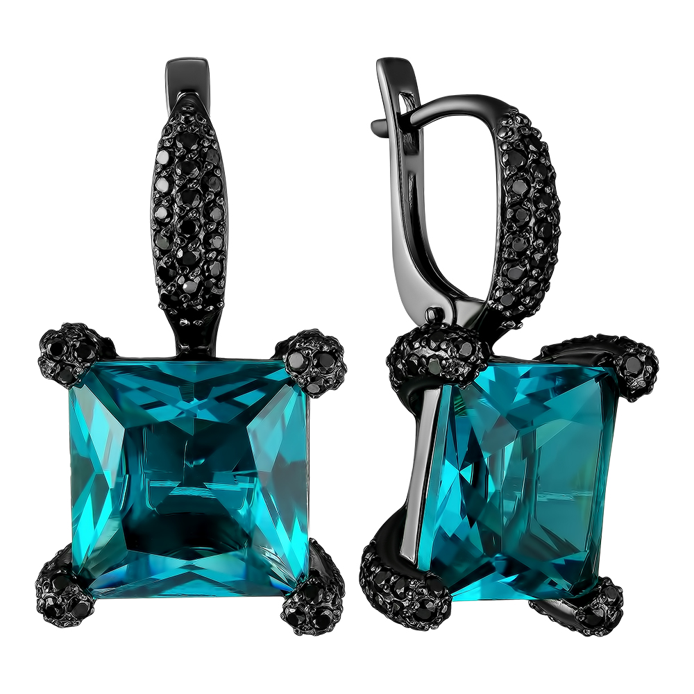 Серебряные серьги 925 пробы; рутений; вставки 158 Шпинель черн.; 2 Имит. турмалин параиба;