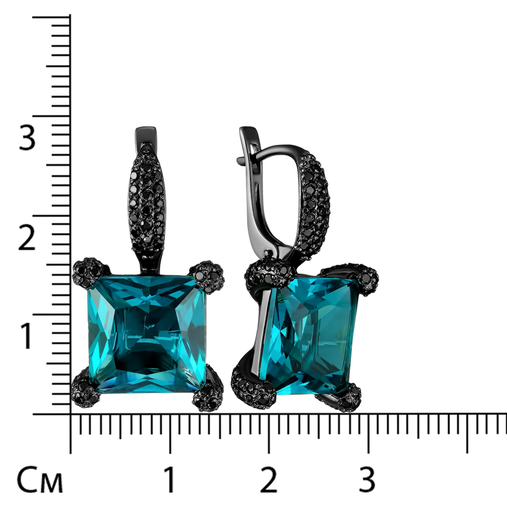 Серебряные серьги 925 пробы; рутений; вставки 158 Шпинель черн.; 2 Имит. турмалин параиба;