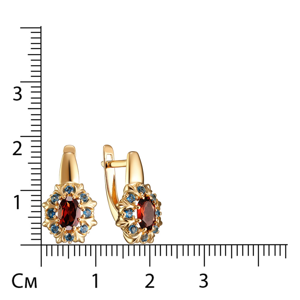 Серебряные серьги 925 пробы; вставки 2 Гранат Мозамбик; 16 Топаз London;