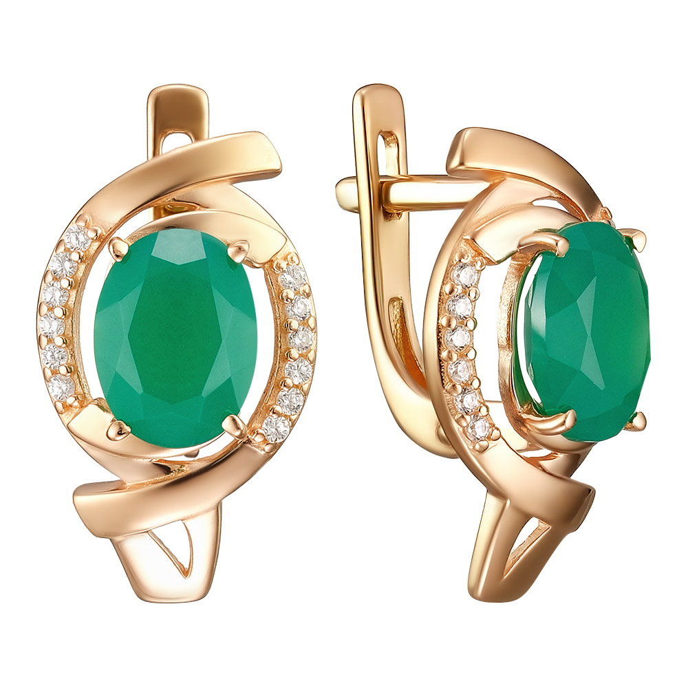 Серебряные серьги 925 пробы; вставки 2 Агат; 24 Фианит бесцв.;