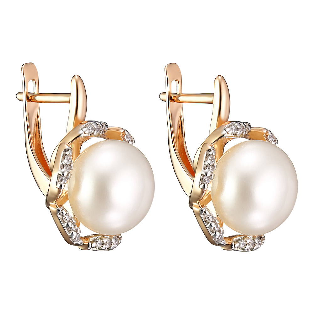 Серебряные серьги 925 пробы; вставки 2 Жемчуг преснов. культ. бел.; 36 Фианит бесцв.;