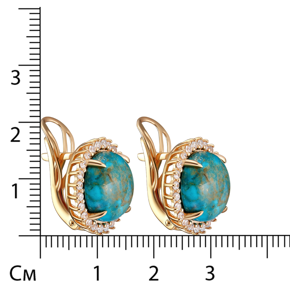 Серебряные серьги 925 пробы; вставки 2 Бирюза нат.;  48 Фианит бесцв.;