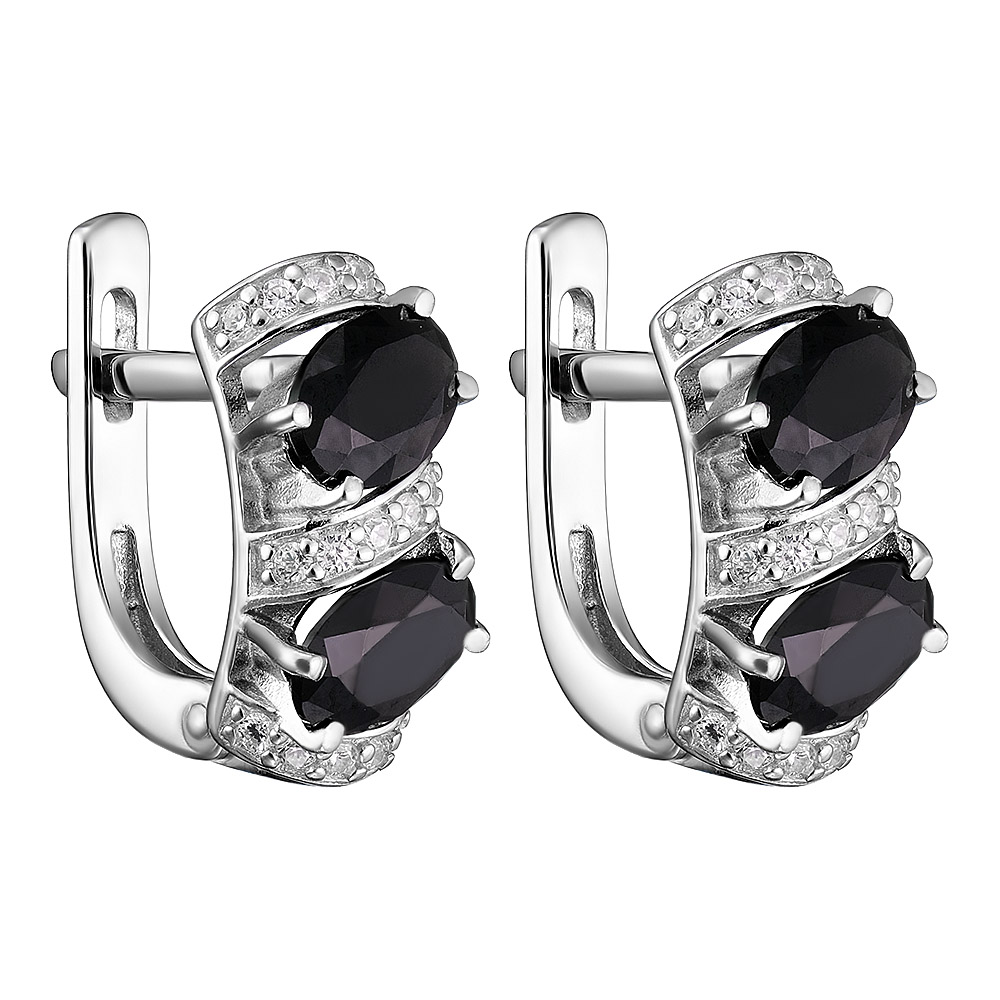 Серебряные серьги 925 пробы; вставки 4 Шпинель черная; 36 Фианит бесцв.;