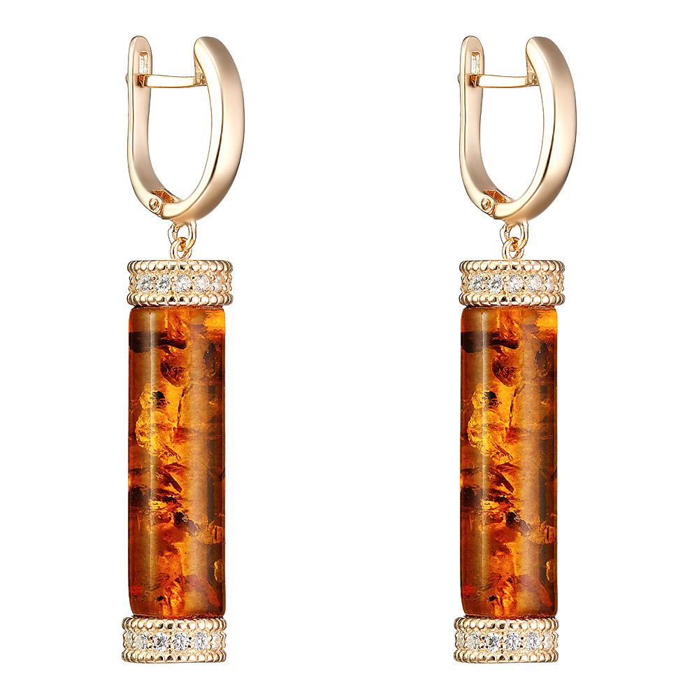 Серебряные серьги 925 пробы; вставки 2 Янтарь; 60 Фианит бесцв.;