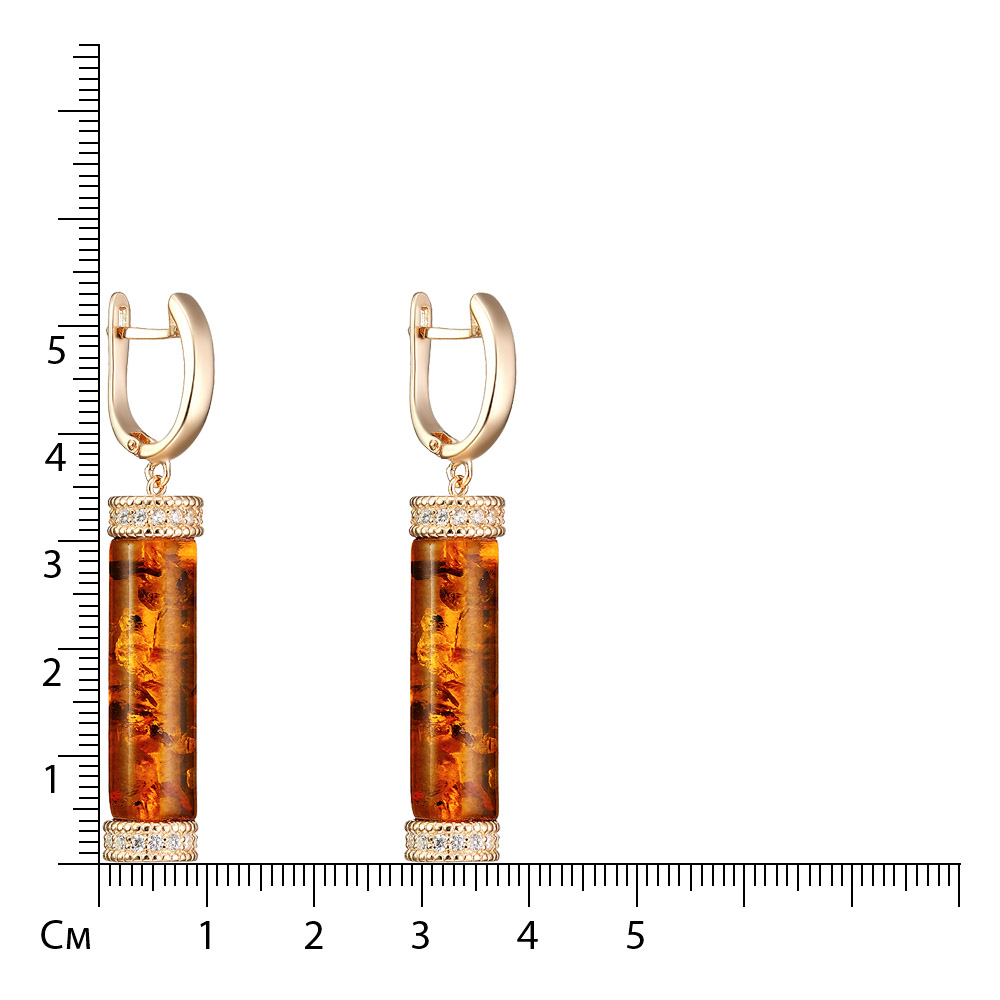 Серебряные серьги 925 пробы; вставки 2 Янтарь; 60 Фианит бесцв.;