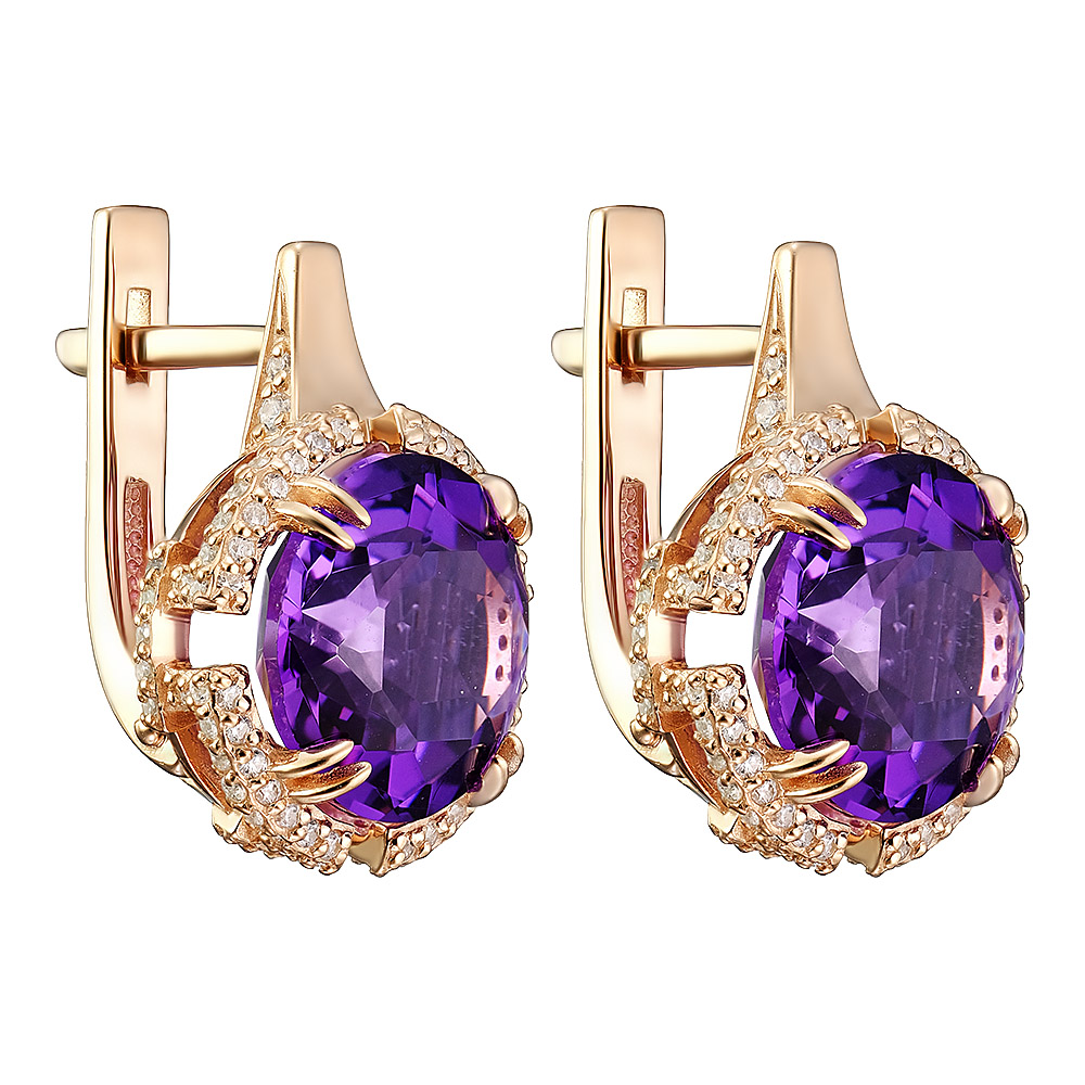 Серебряные серьги 925 пробы; вставки 2 Аметист; 170 Фианит бесцв.;