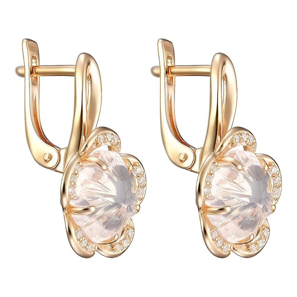 Серебряные серьги 925 пробы; вставки  2 Кварц розовый; 30 Фианит бесцв.;