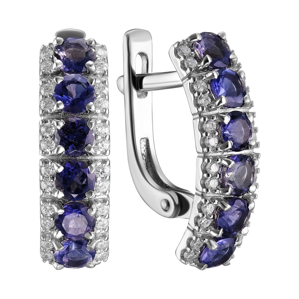 Серебряные серьги 925 пробы; вставки 12 Иолит; 48 Фианит бесцв.;