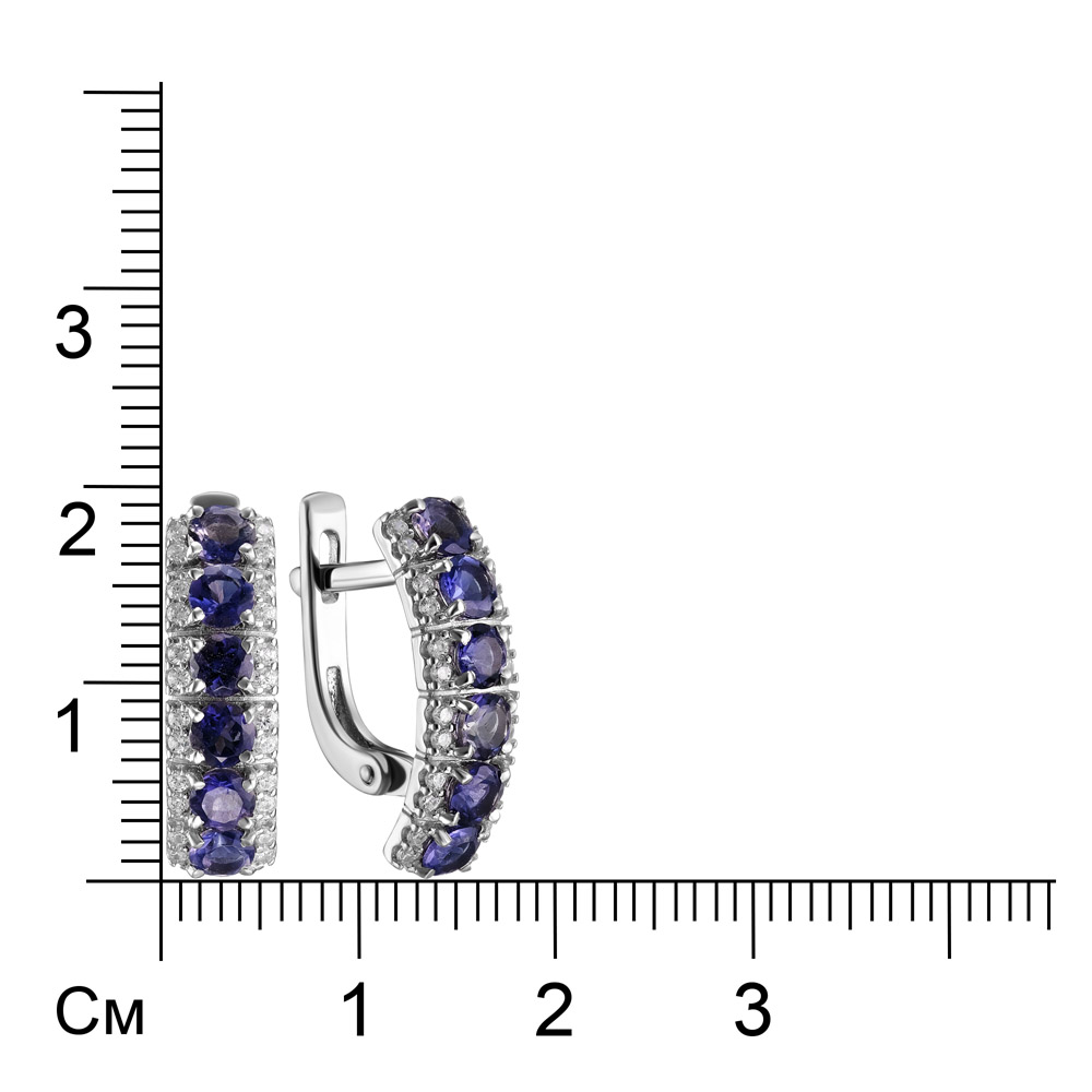 Серебряные серьги 925 пробы; вставки 12 Иолит; 48 Фианит бесцв.;