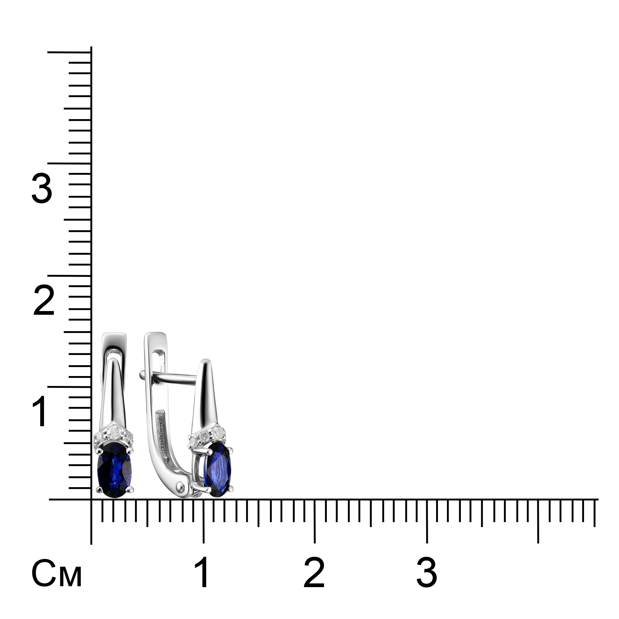 Золотые серьги 585 пробы; белое золото; родий; вставки 2 Сапфир U/2 0,584; 8 Бр.Кр-17 0,034 2/3А; 2