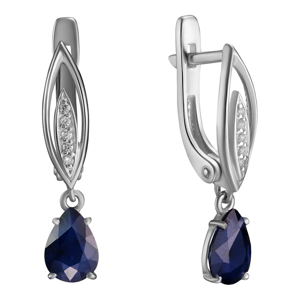 Серебряные серьги 925 пробы; вставки 2 Сапфир U/2 1,703; 10 Фианит бесцв.;